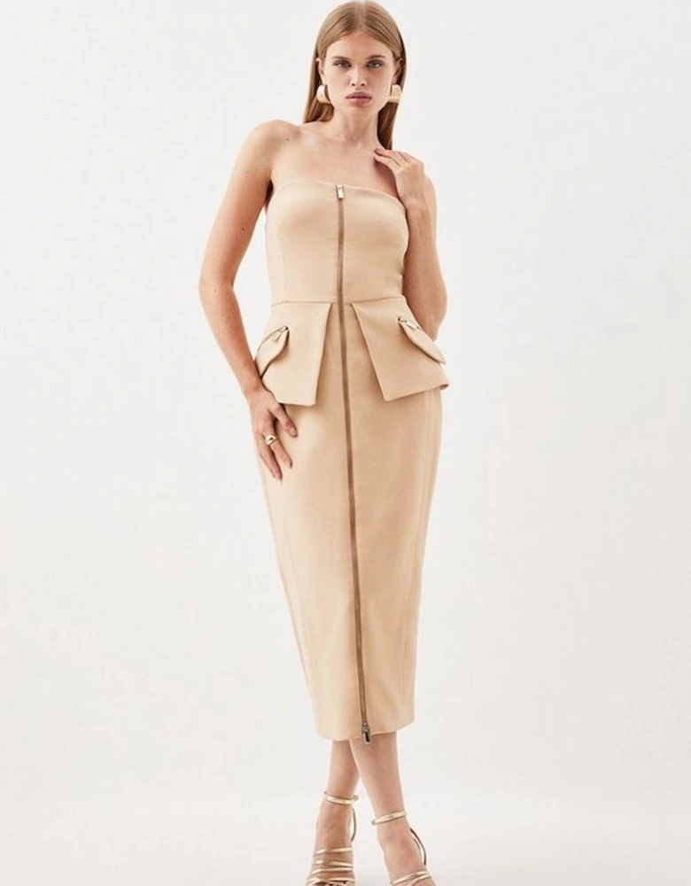 Compact Stretch Zip Pocket Detail Tailored Midi Dress
