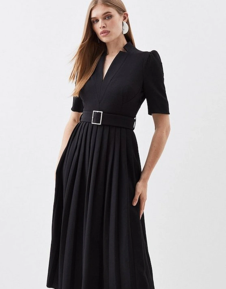 Tailored Structured Crepe Forever Pleat Belted Midi Dress