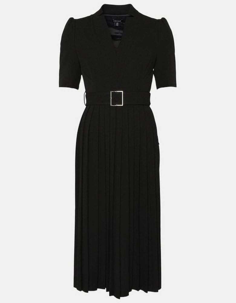 Tailored Structured Crepe Forever Pleat Belted Midi Dress