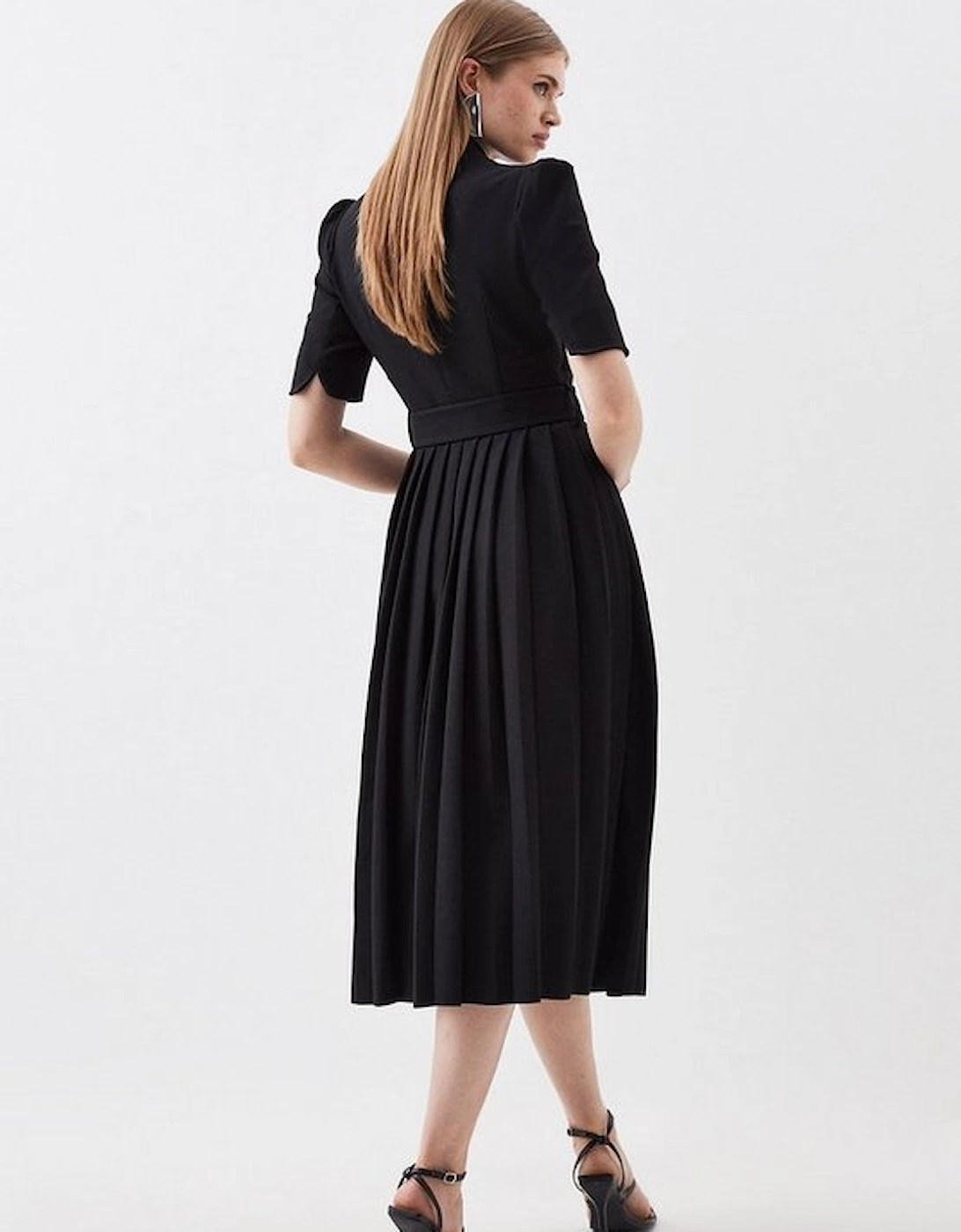 Tailored Structured Crepe Forever Pleat Belted Midi Dress