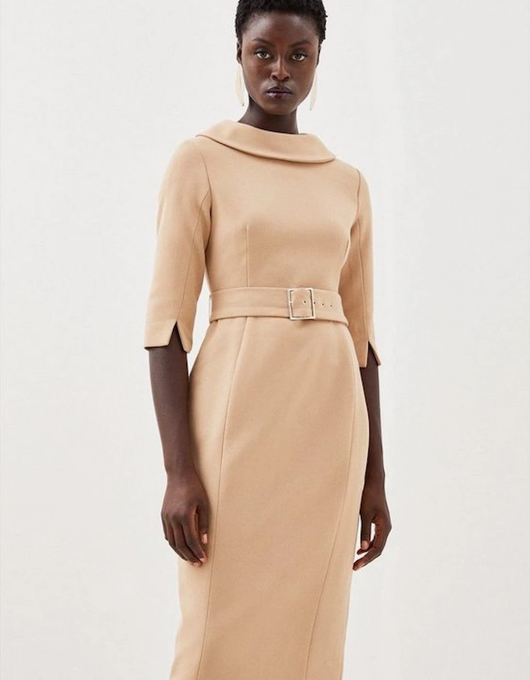Tailored Structured Crepe Roll Neck Pencil Midi Dress, 5 of 4