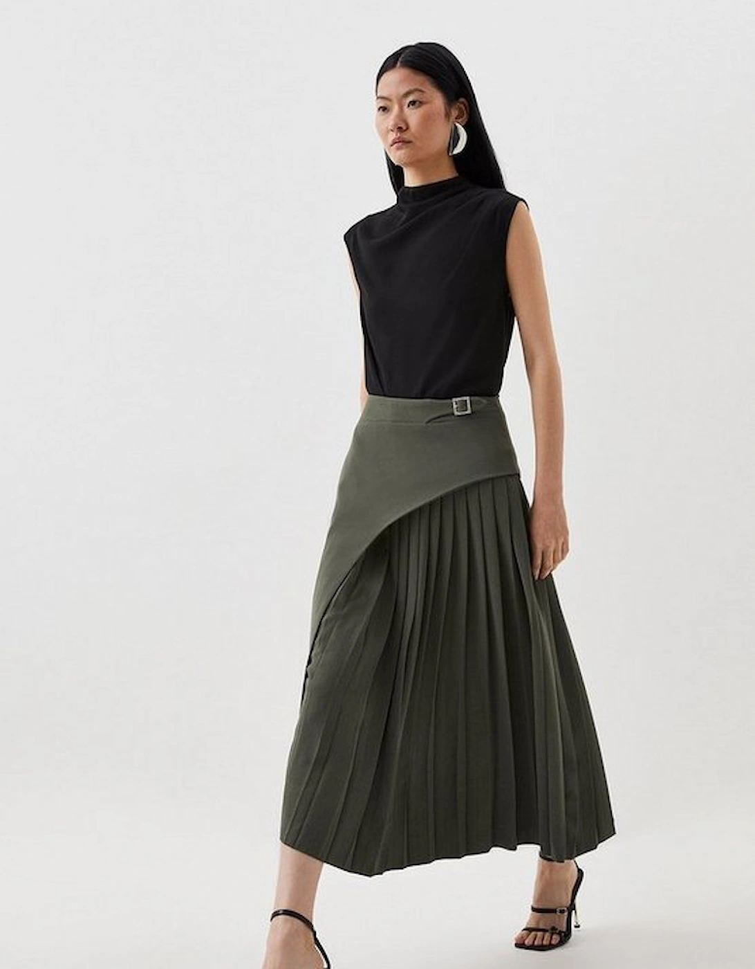 Tailored Buckle Detail Pleated Midi Skirt, 5 of 4