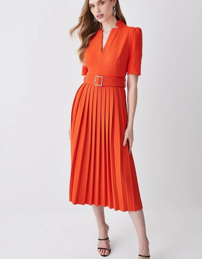 Tailored Structured Crepe Forever Pleat Belted Midi Dress