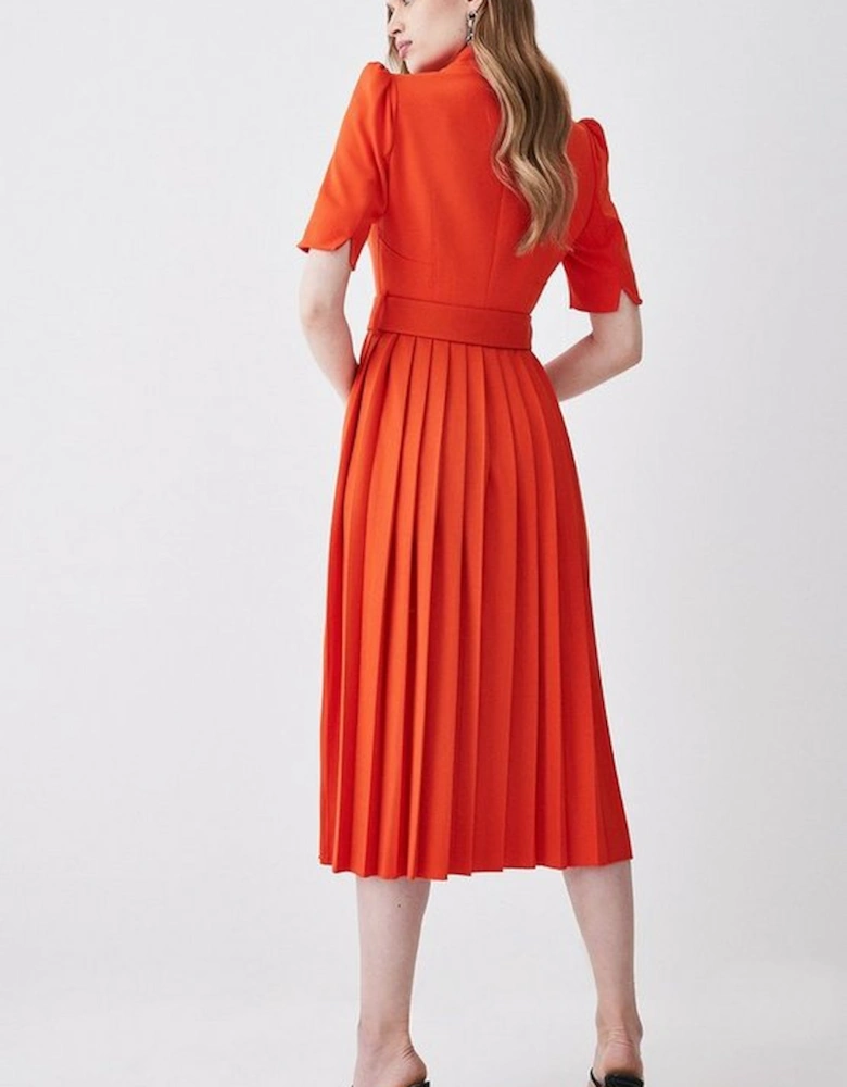 Tailored Structured Crepe Forever Pleat Belted Midi Dress