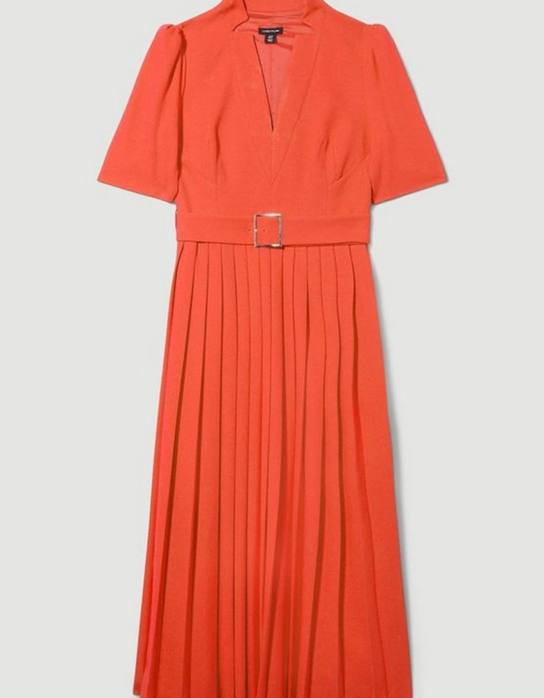 Tailored Structured Crepe Forever Pleat Belted Midi Dress