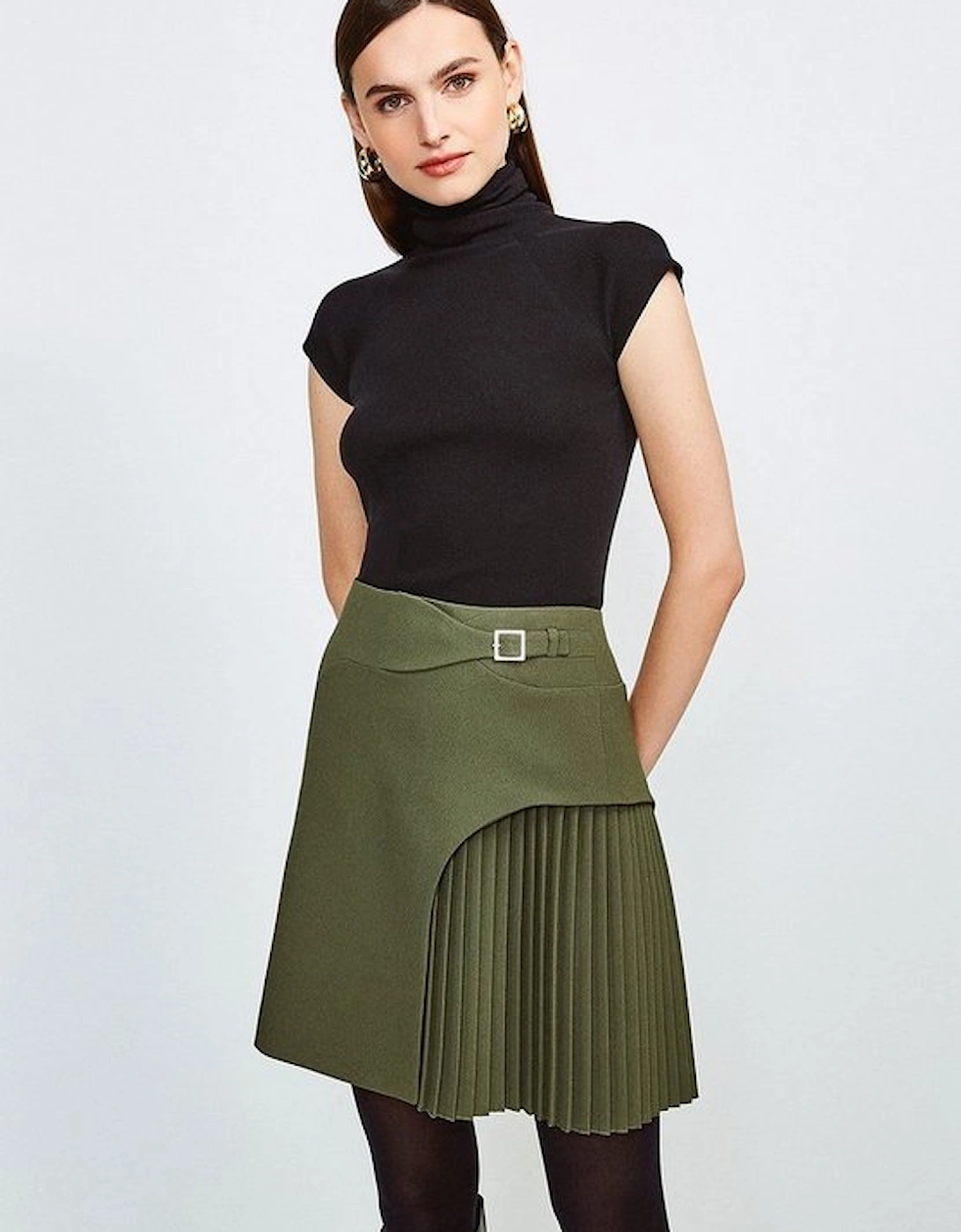 Tailored Buckle Detail Pleated Mini Skirt