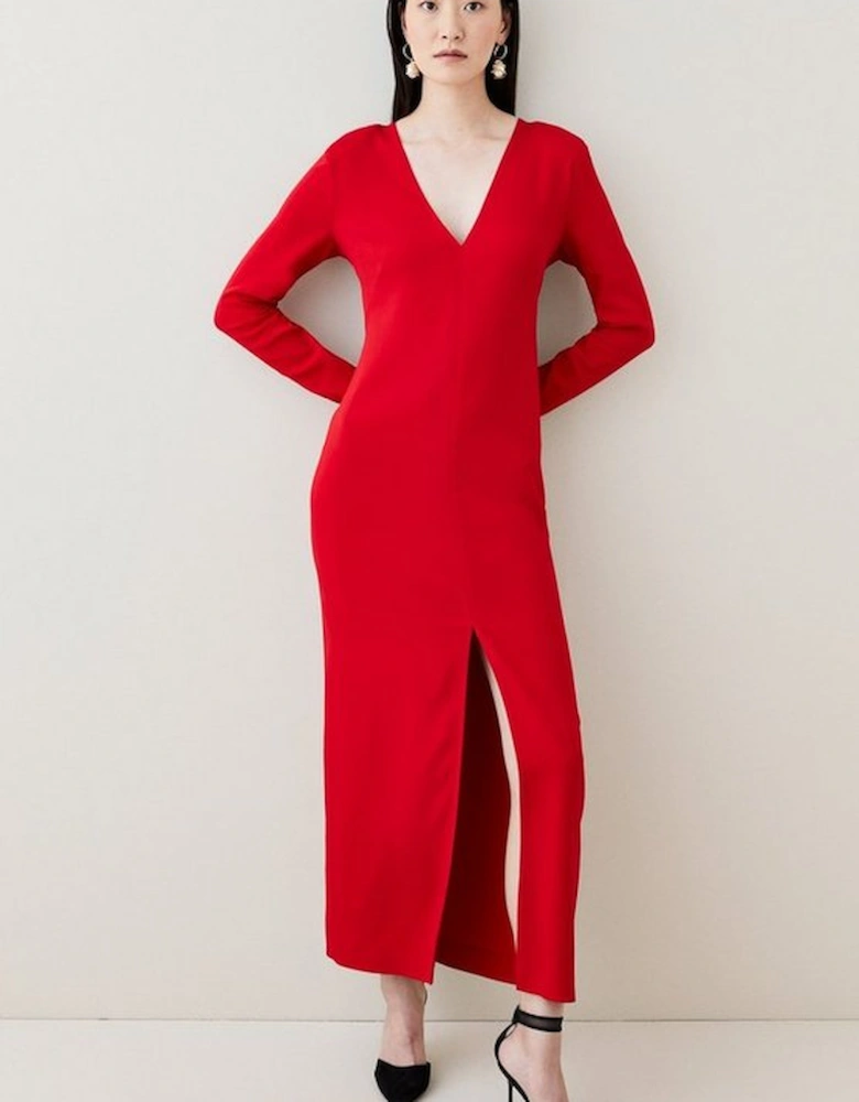 Compact Viscose Long Sleeved Split Front Tailored Maxi Dress