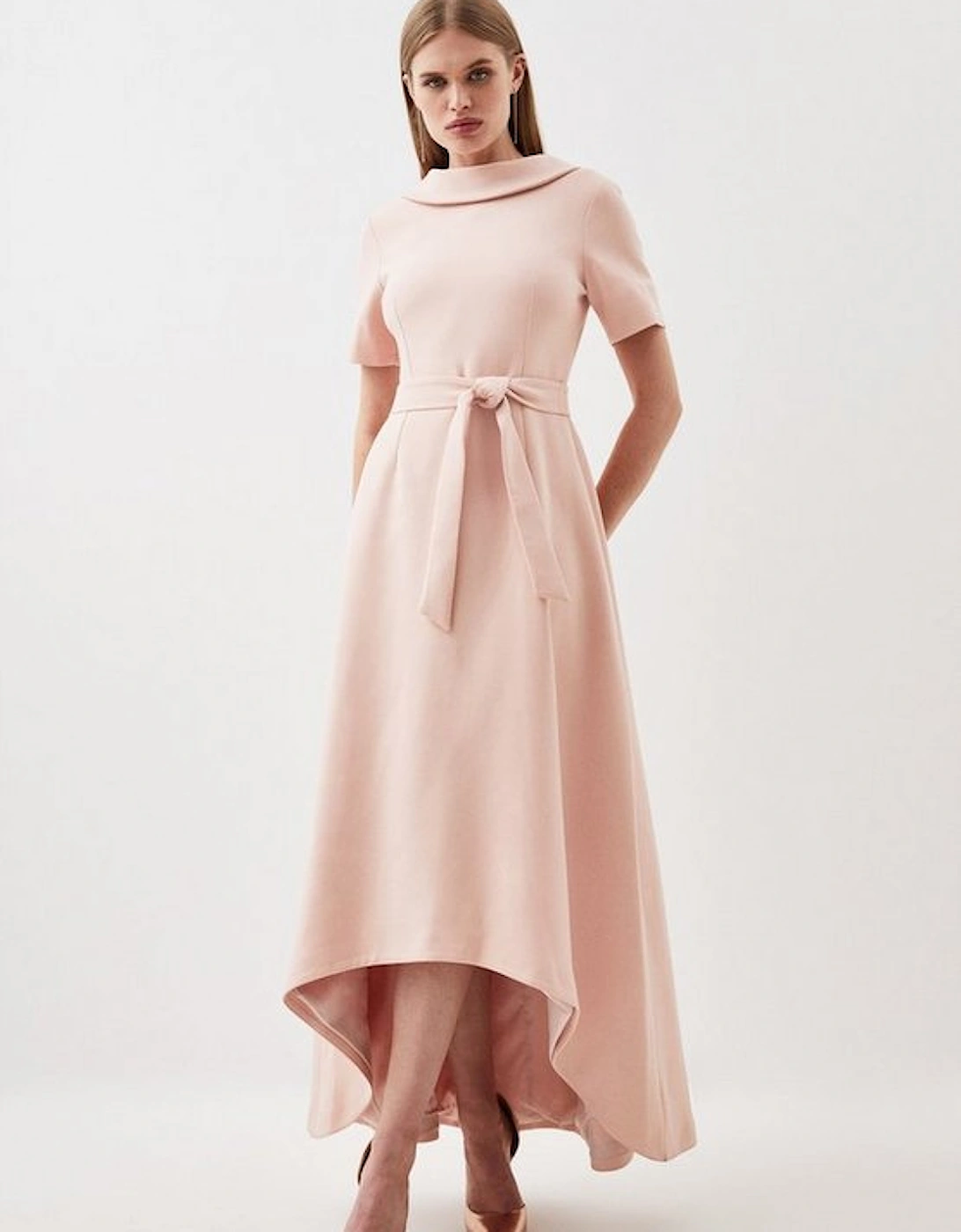 Compact Stretch Roll Neck Belted High Low Tailored Midi Dress
