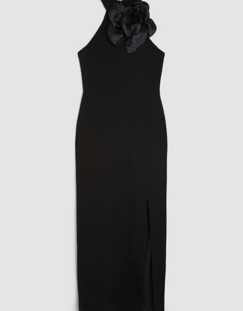 Compact Viscose Corsage Detail Tailored Halterneck Midaxi Dress
