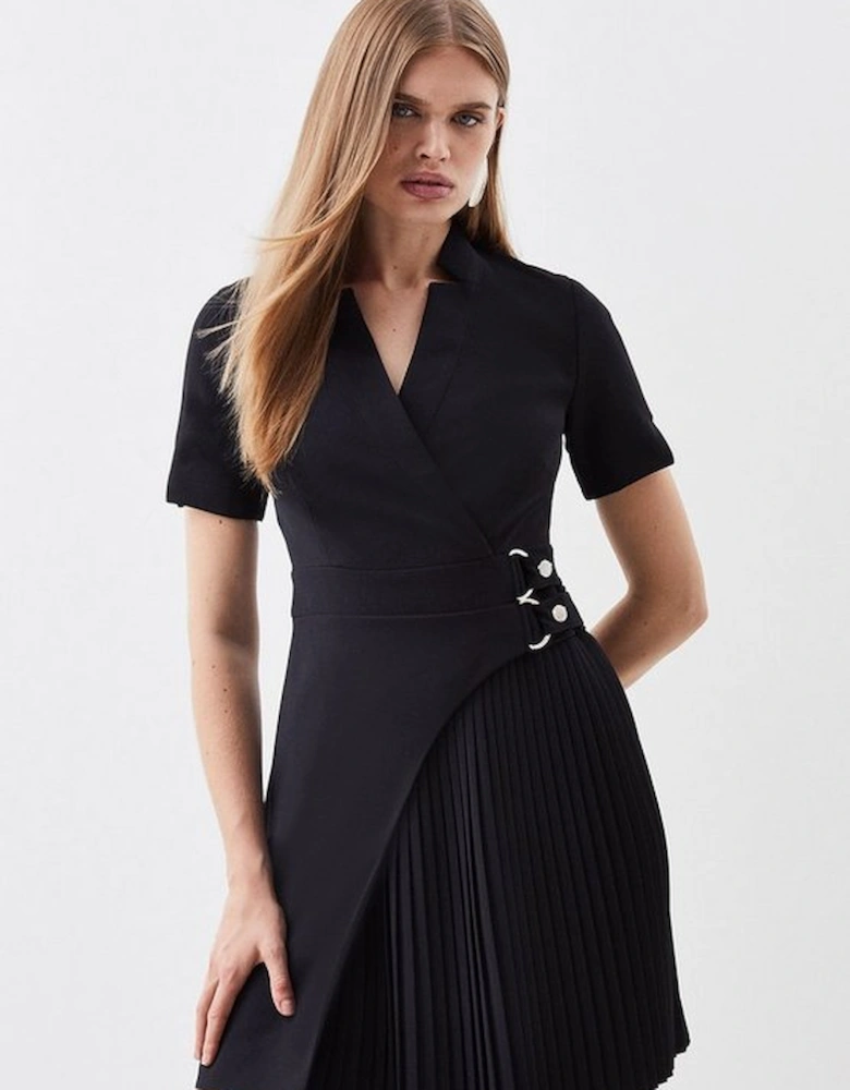 Tailored Military Pleat Notch Neck Wrap Mini Dress