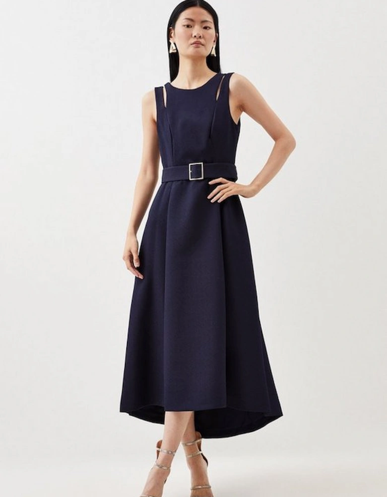 Textured Crepe Tailored Seam Detail Belted Midaxi Dress