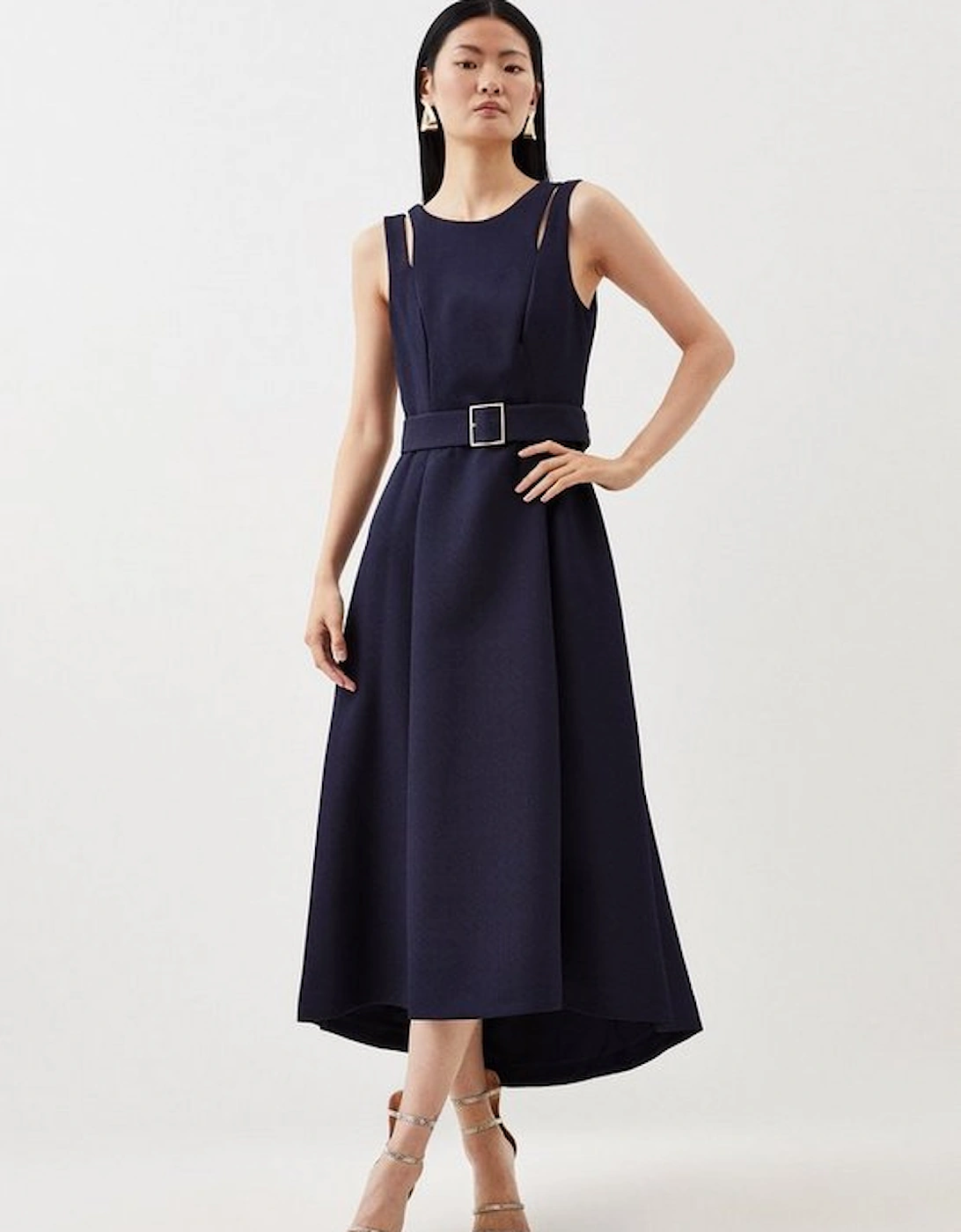 Textured Crepe Tailored Seam Detail Belted Midi Dress, 5 of 4