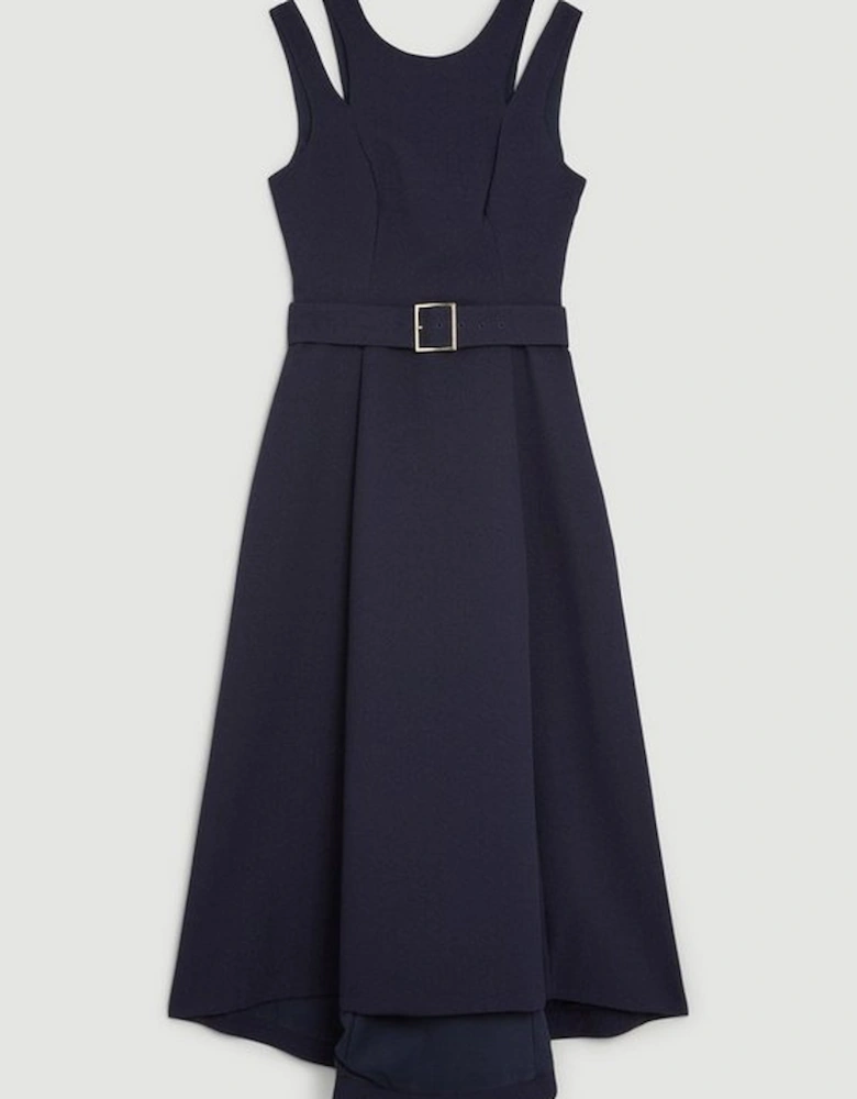 Textured Crepe Tailored Seam Detail Belted Midi Dress