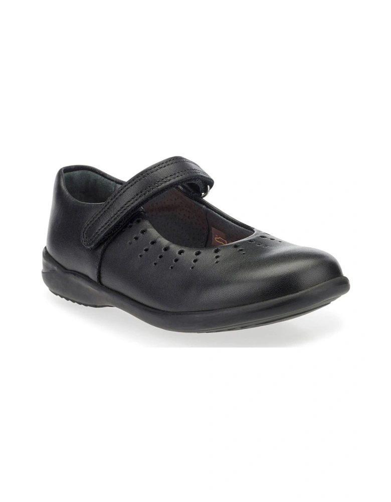 Younger Girls Mary Jane Easy Riptape Girls School Shoes - Black Leather