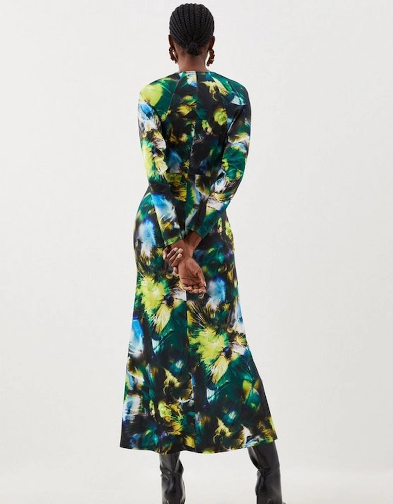 Jersey Abstract Floral Print Long Sleeve Midi Dress