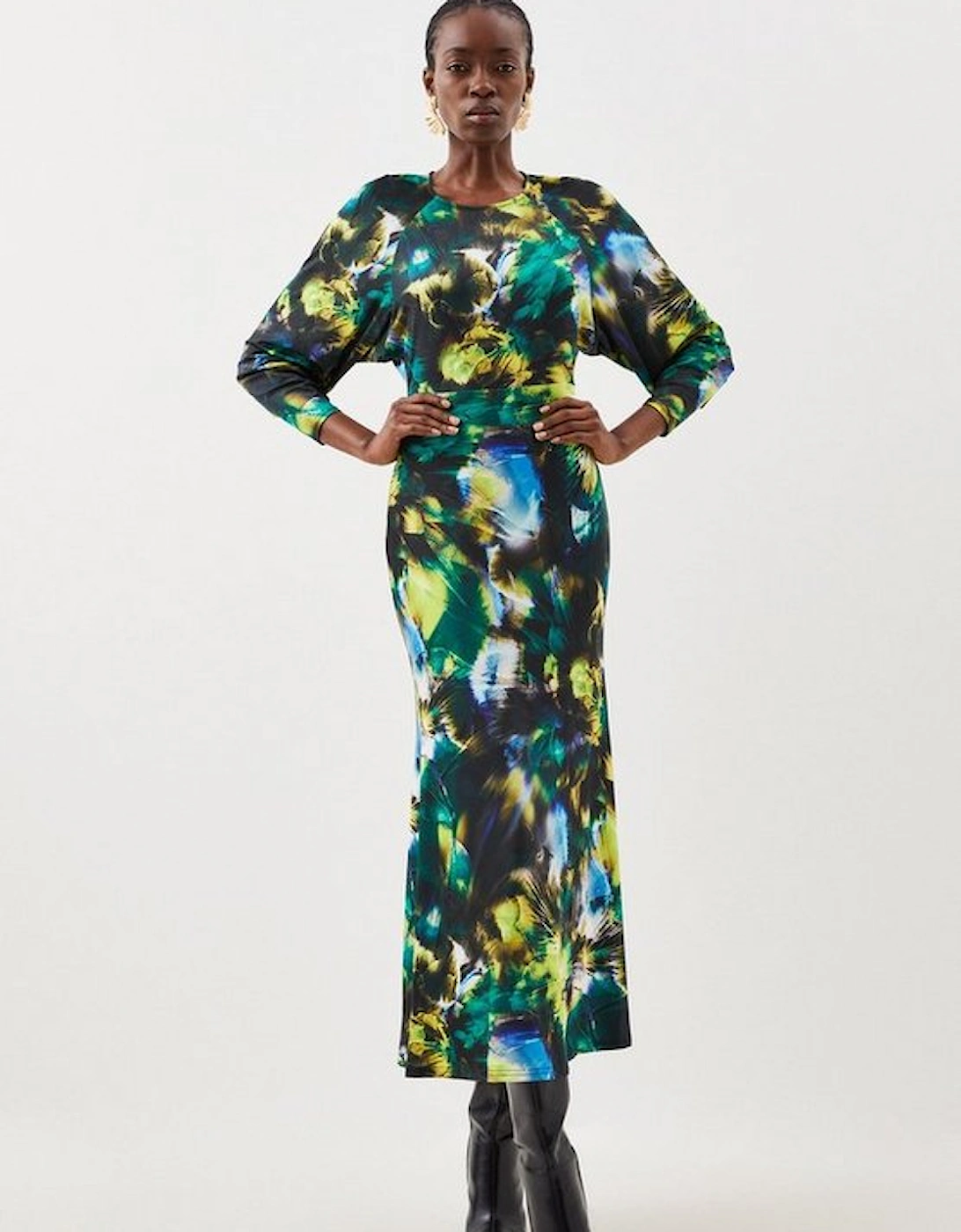 Jersey Abstract Floral Print Long Sleeve Midi Dress, 5 of 4