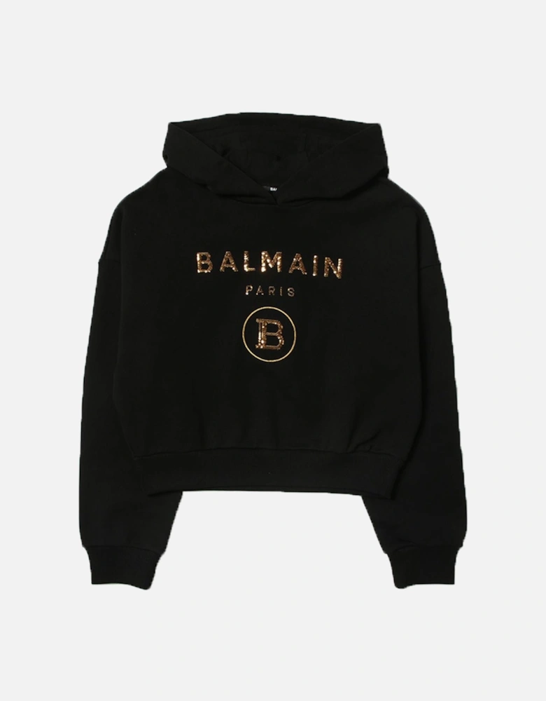 Girls Cropped Sequin Logo Hoodie Black