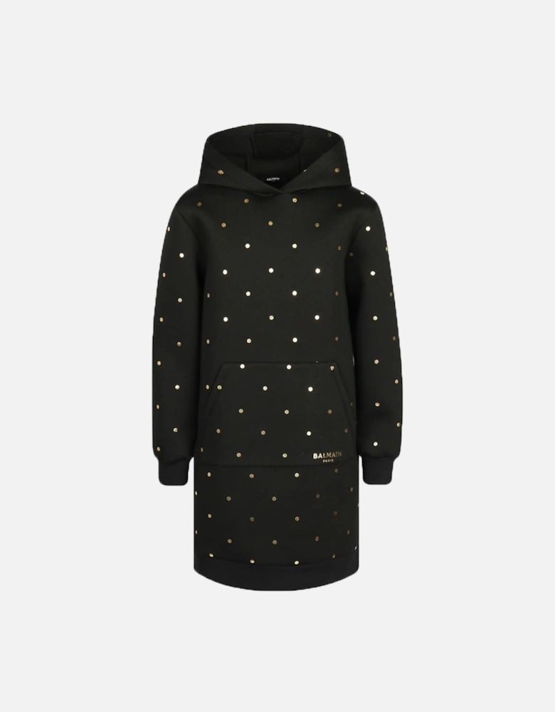 Girls Hooded Dress With Gold Polka Dots Black