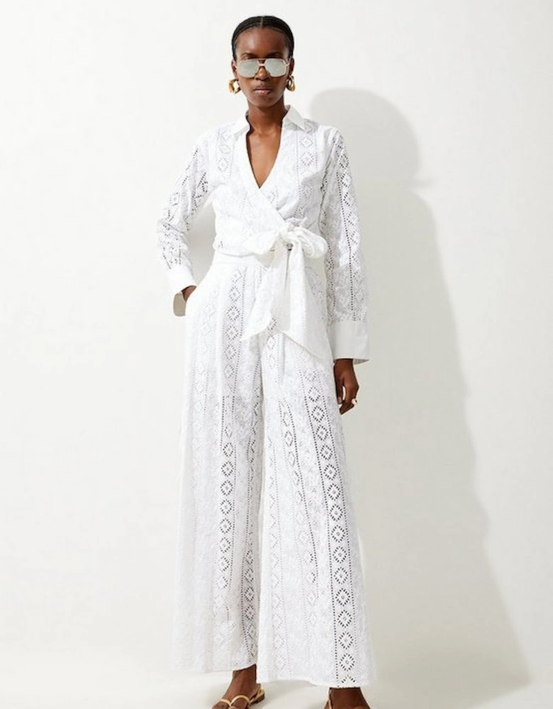 Cotton Broderie Woven Wrap Top And Wide Leg Trousers Co-ord