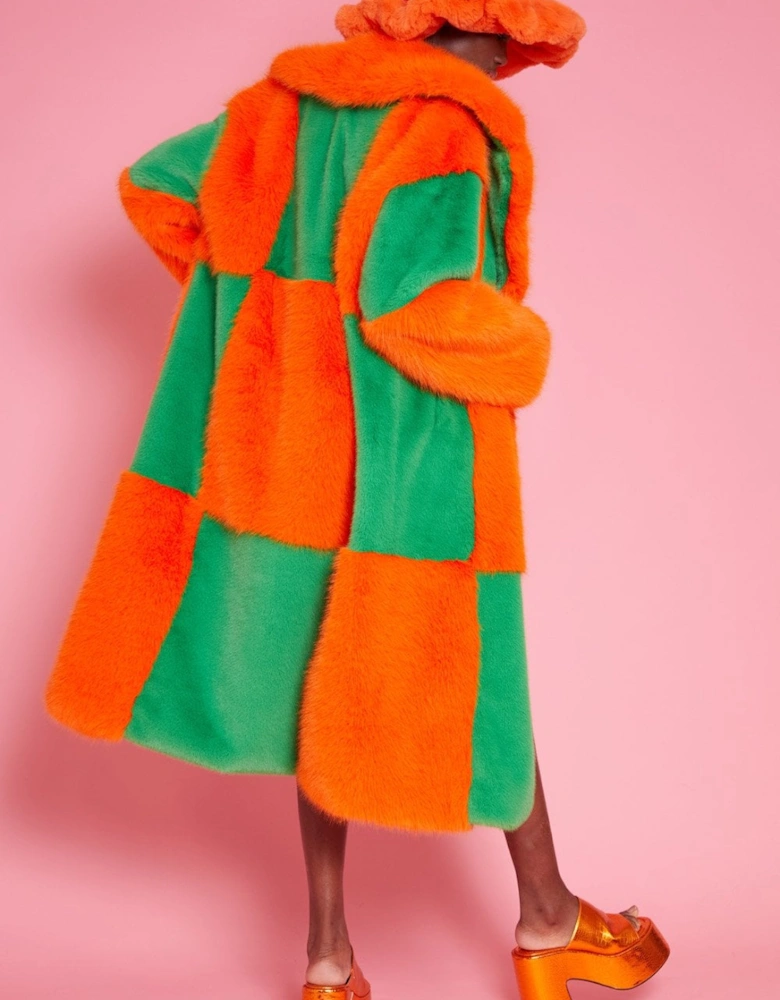 Faux Fur Bamboo Checked Maxi Coat