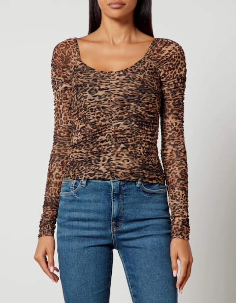 Leopard Print Ruched Mesh Top