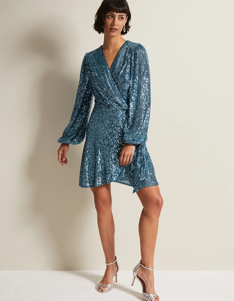 Carissa Teal Sequin Wrap Mini Dress