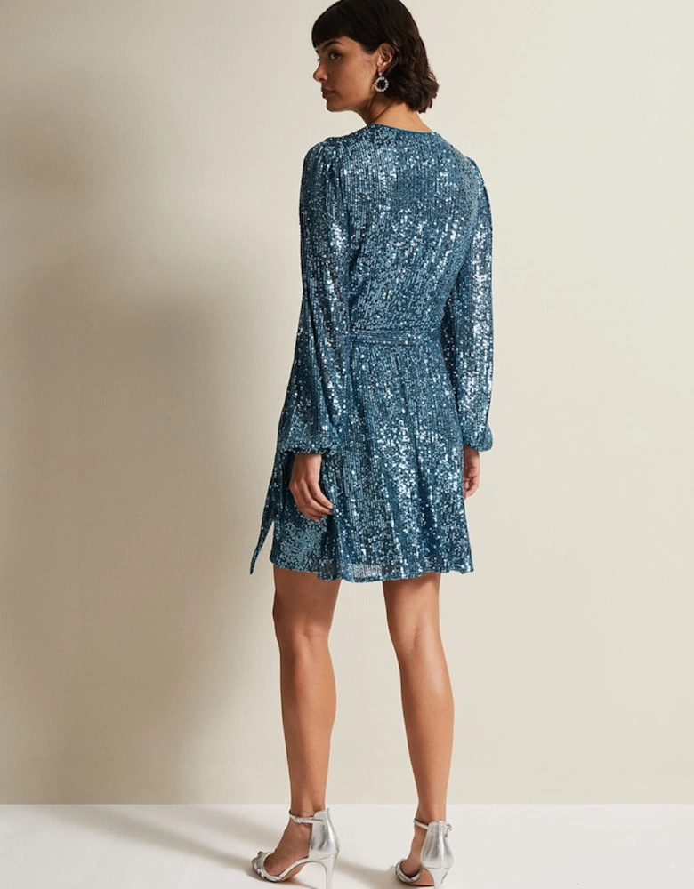 Carissa Teal Sequin Wrap Mini Dress