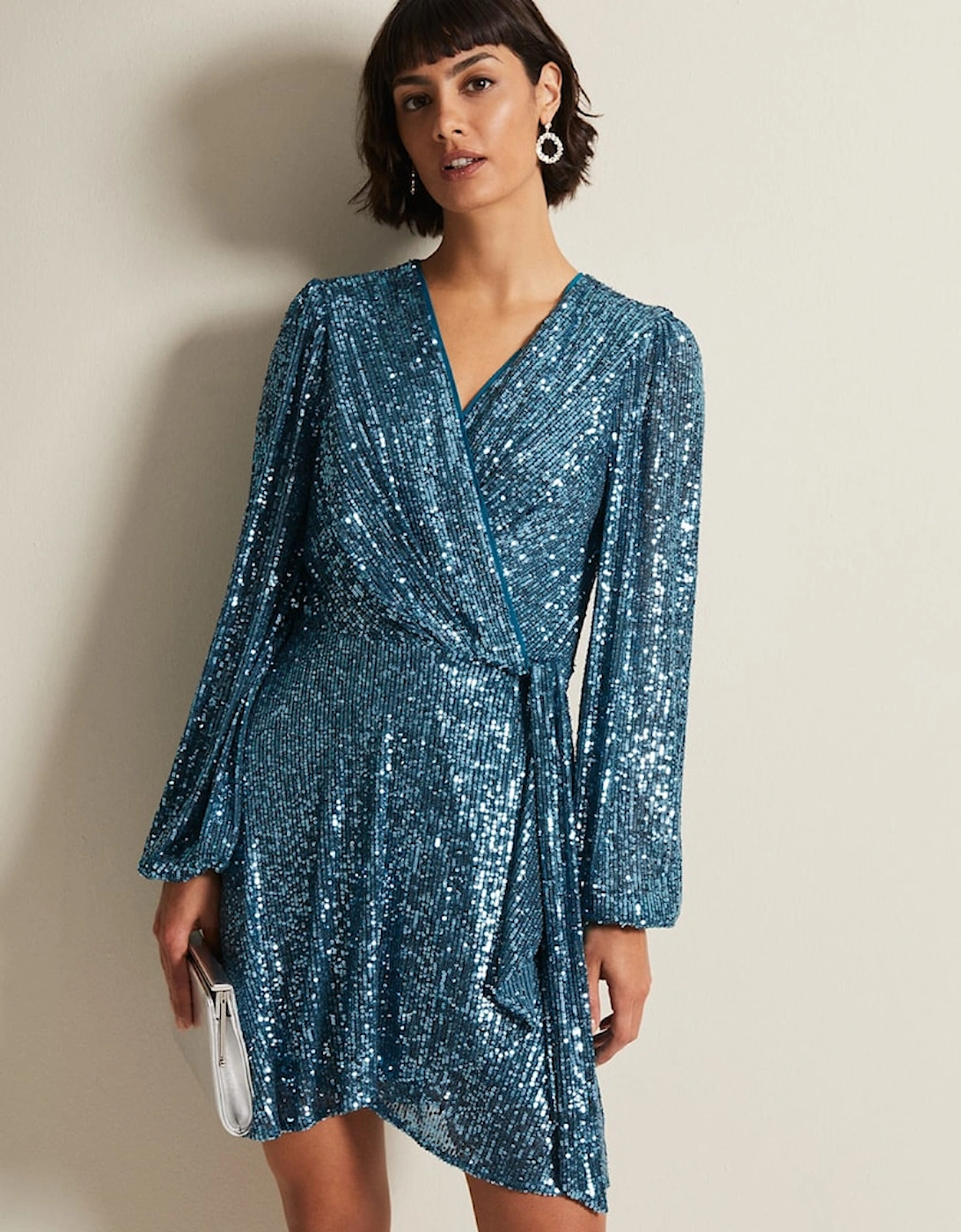 Carissa Teal Sequin Wrap Mini Dress, 7 of 6