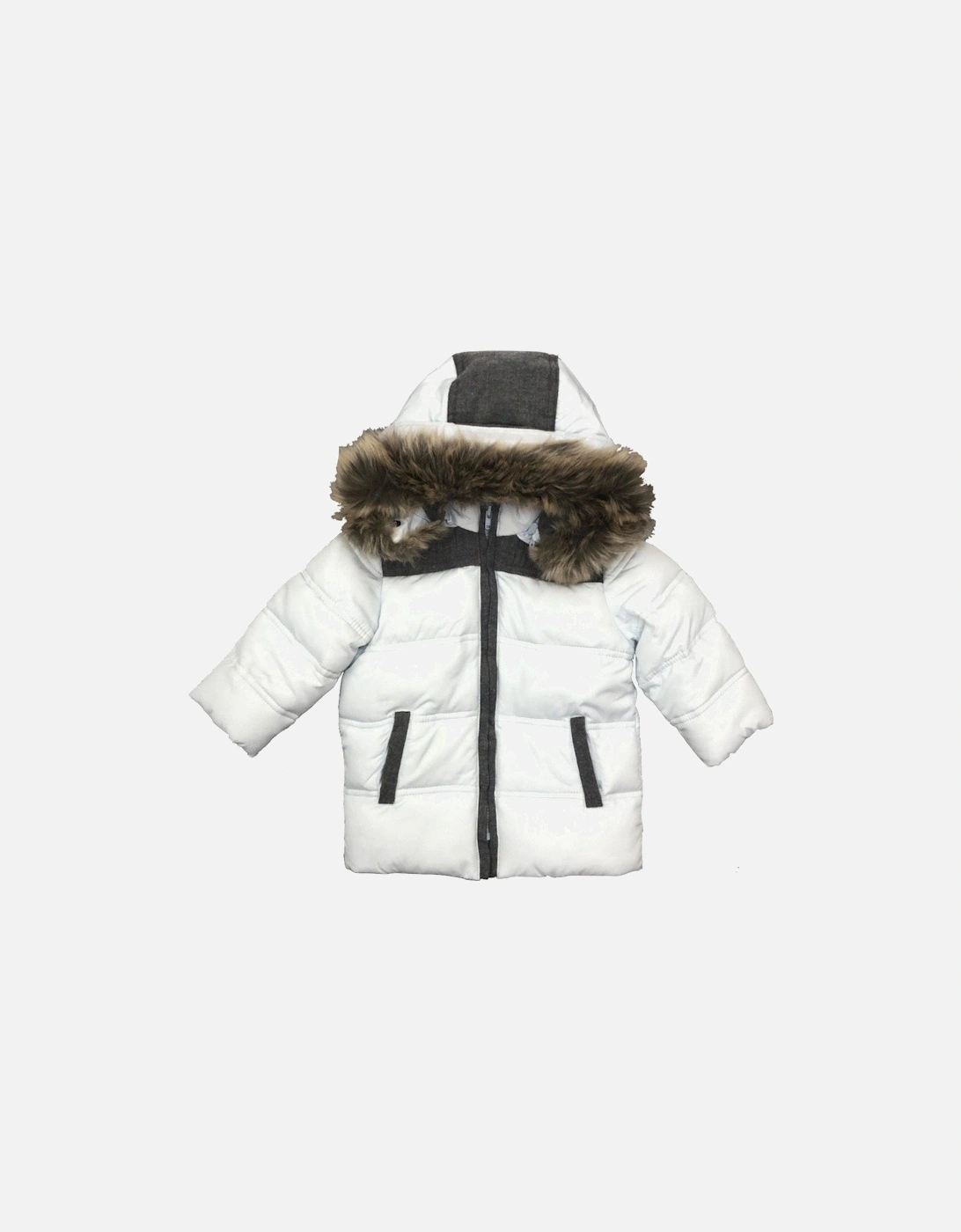 Boys Blue Puffer Coat With Faux Fur Hood, 2 of 1