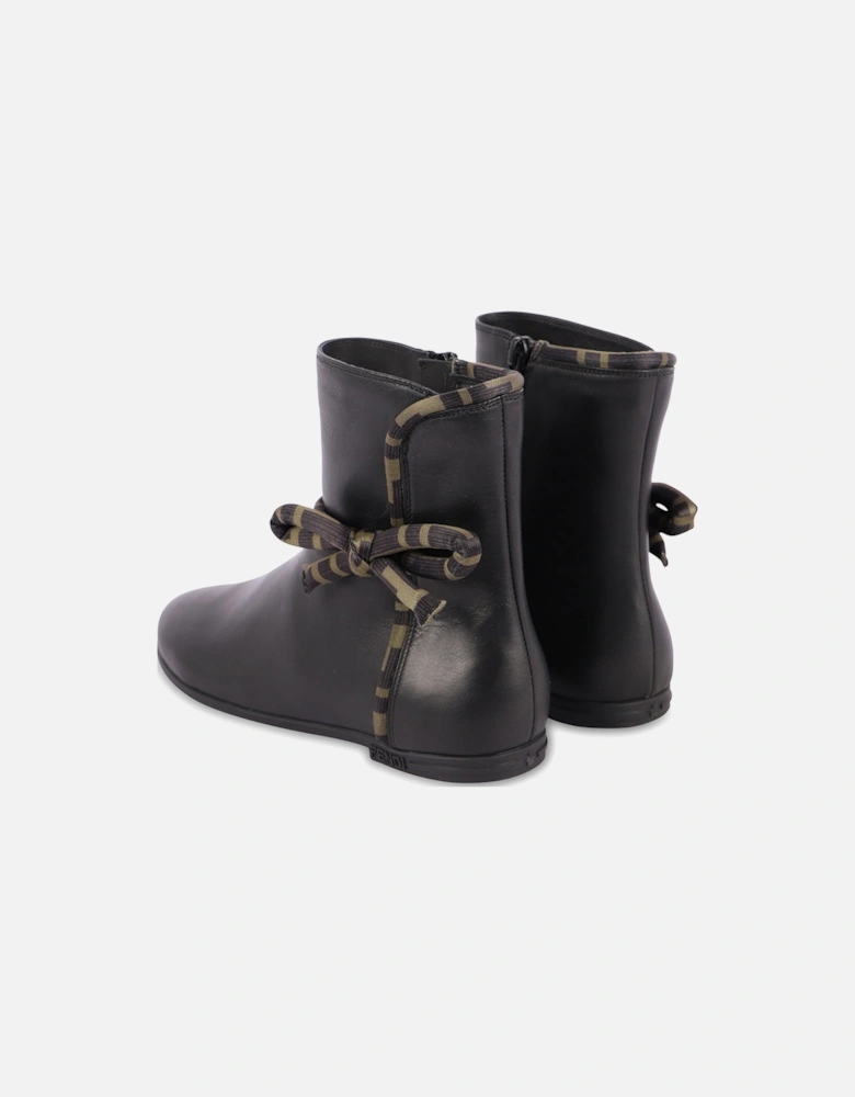 Girls FF Logo Leather Bow Boots Black