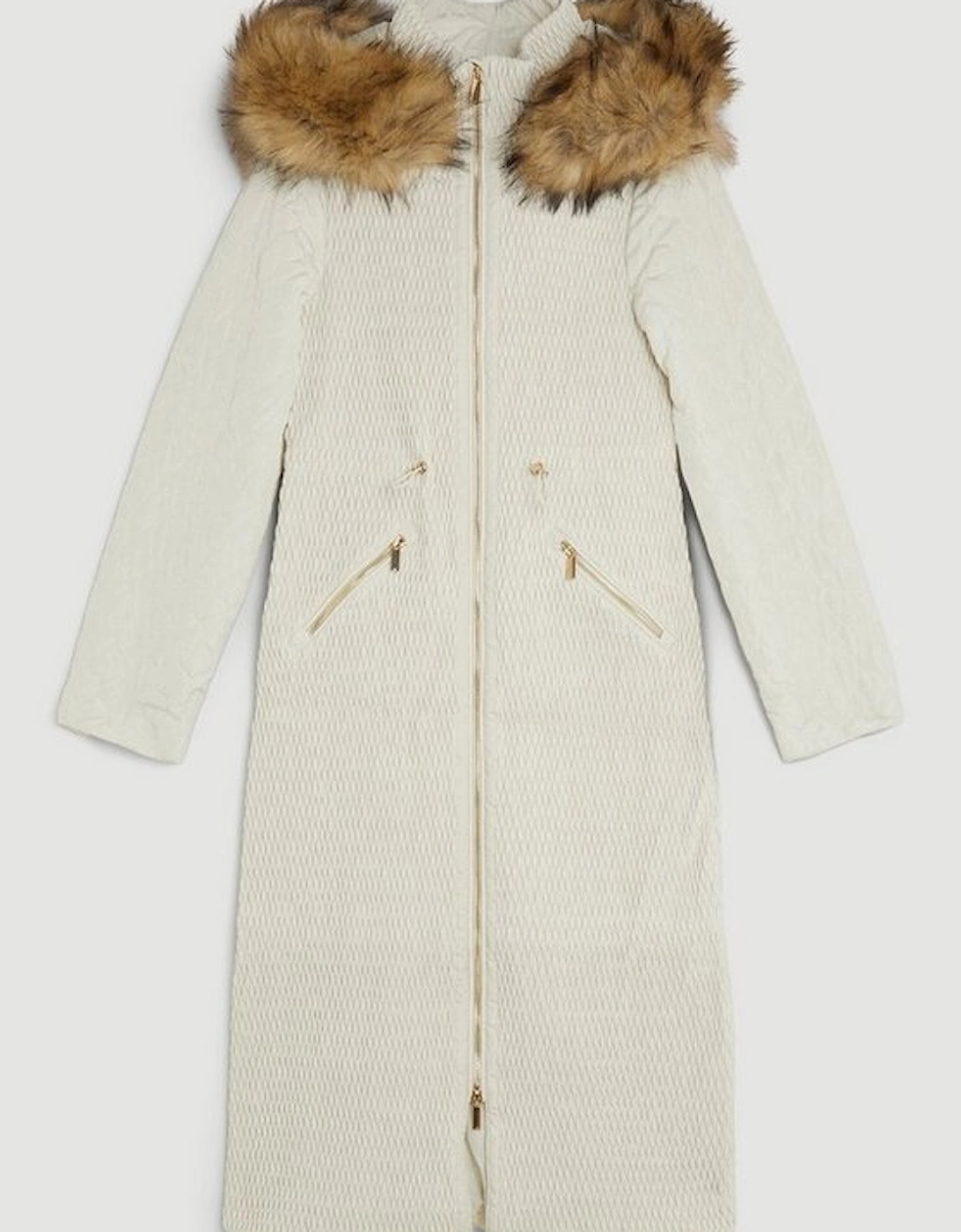 Signature Quilt Faux Fur Hood Longline Coat