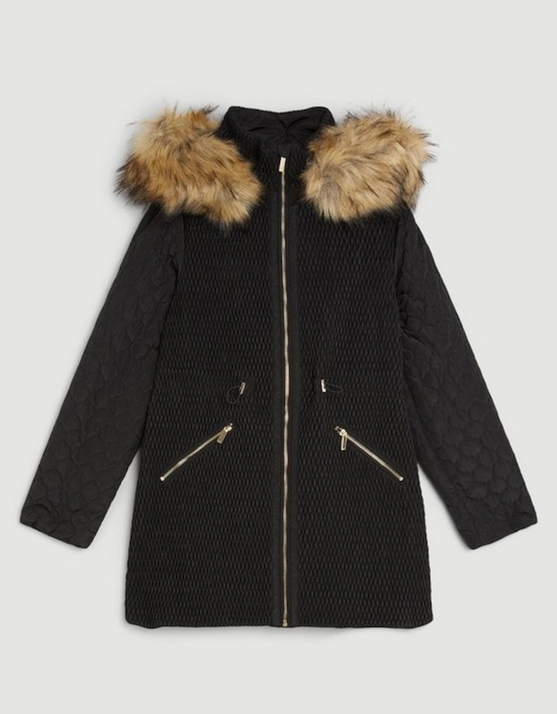 Signature Quilt Faux Fur Hood Mid Coat