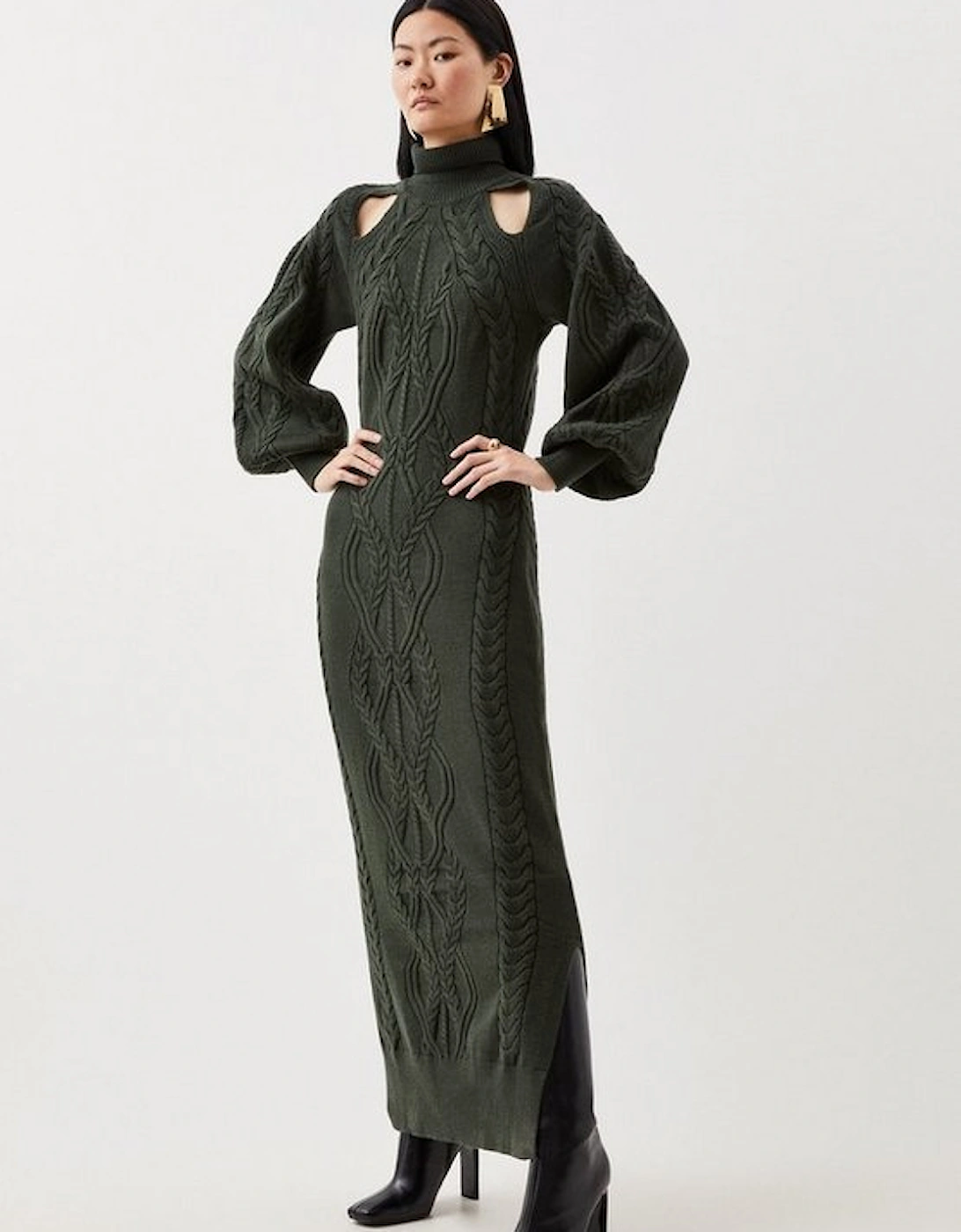 Viscose Blend Cable Knit Cut Out Funnel Neck Maxi Dress, 5 of 4