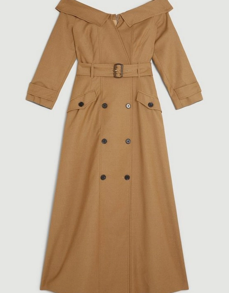 Tailored Wool Blend Trench Midaxi Dress