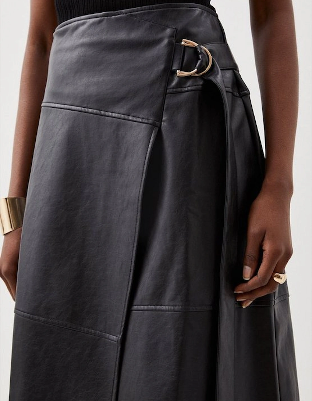 Faux Leather Tie Detail Wrap Midi Skirt