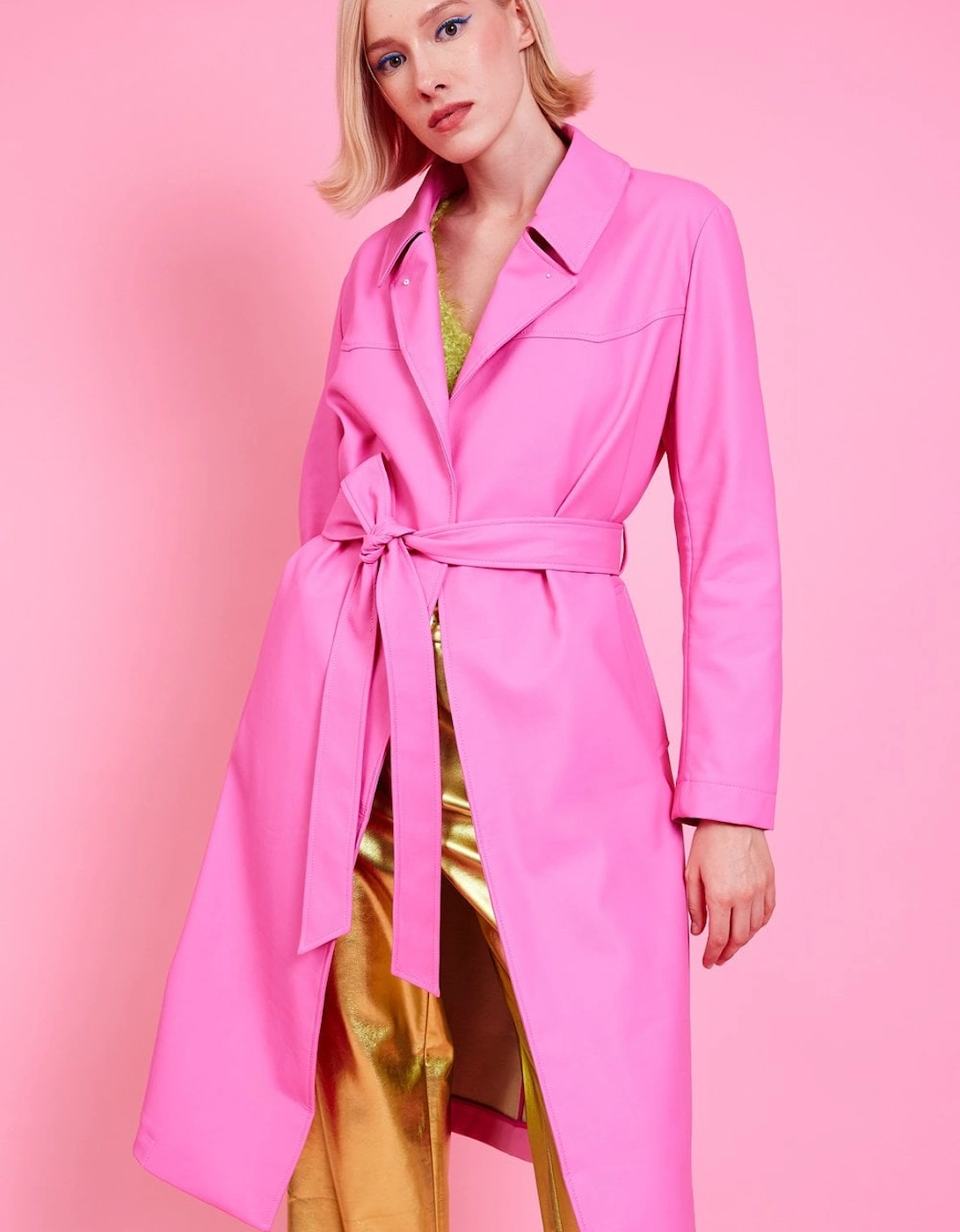 Pink Eco Leather Trench Coat with Faux Fur Collar