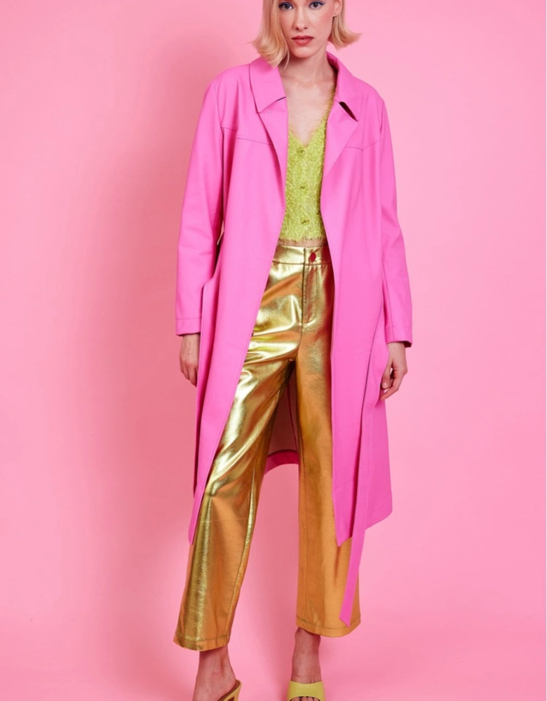 Pink Eco Leather Trench Coat with Faux Fur Collar