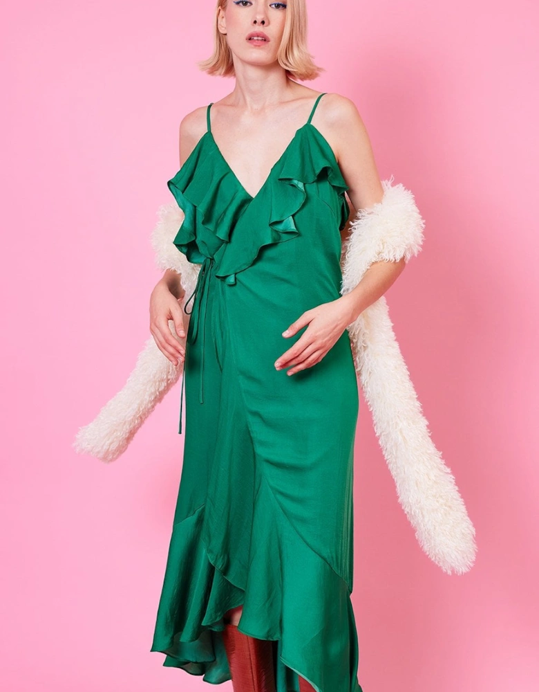 Emerald Silk Blend Maxi Ruffle Wrap Dress