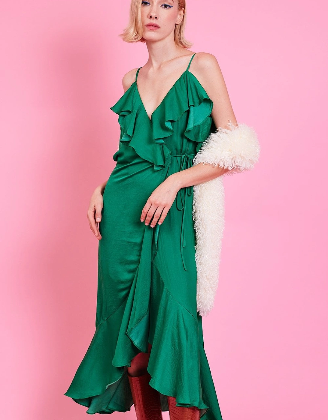 Emerald Silk Blend Maxi Ruffle Wrap Dress