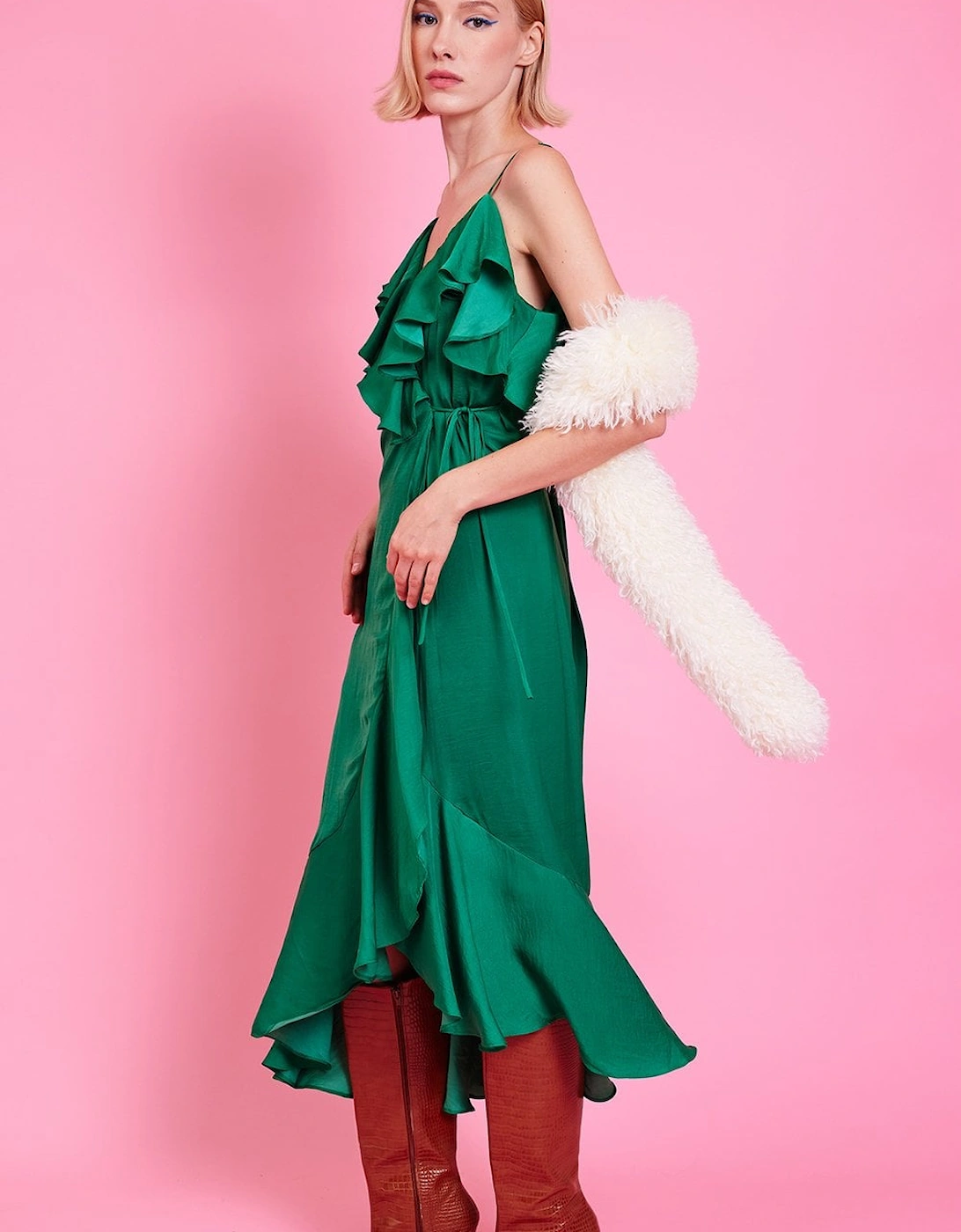 Emerald Silk Blend Maxi Ruffle Wrap Dress