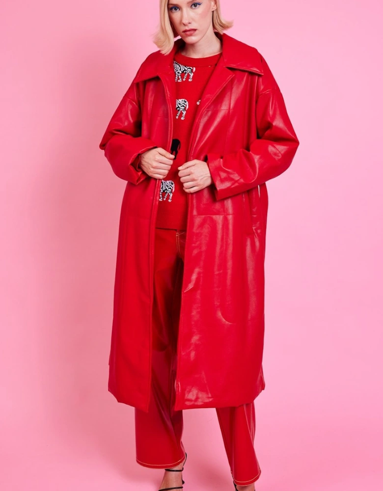 Red Maxi Eco Leather Puffer Coat