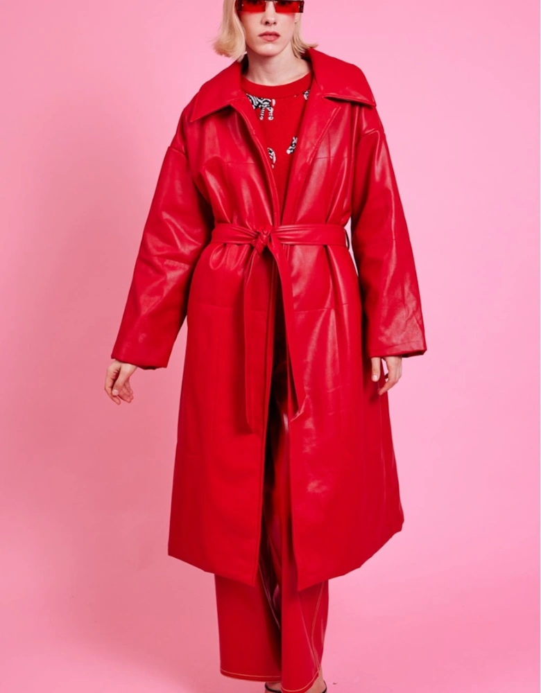 Red Maxi Eco Leather Puffer Coat