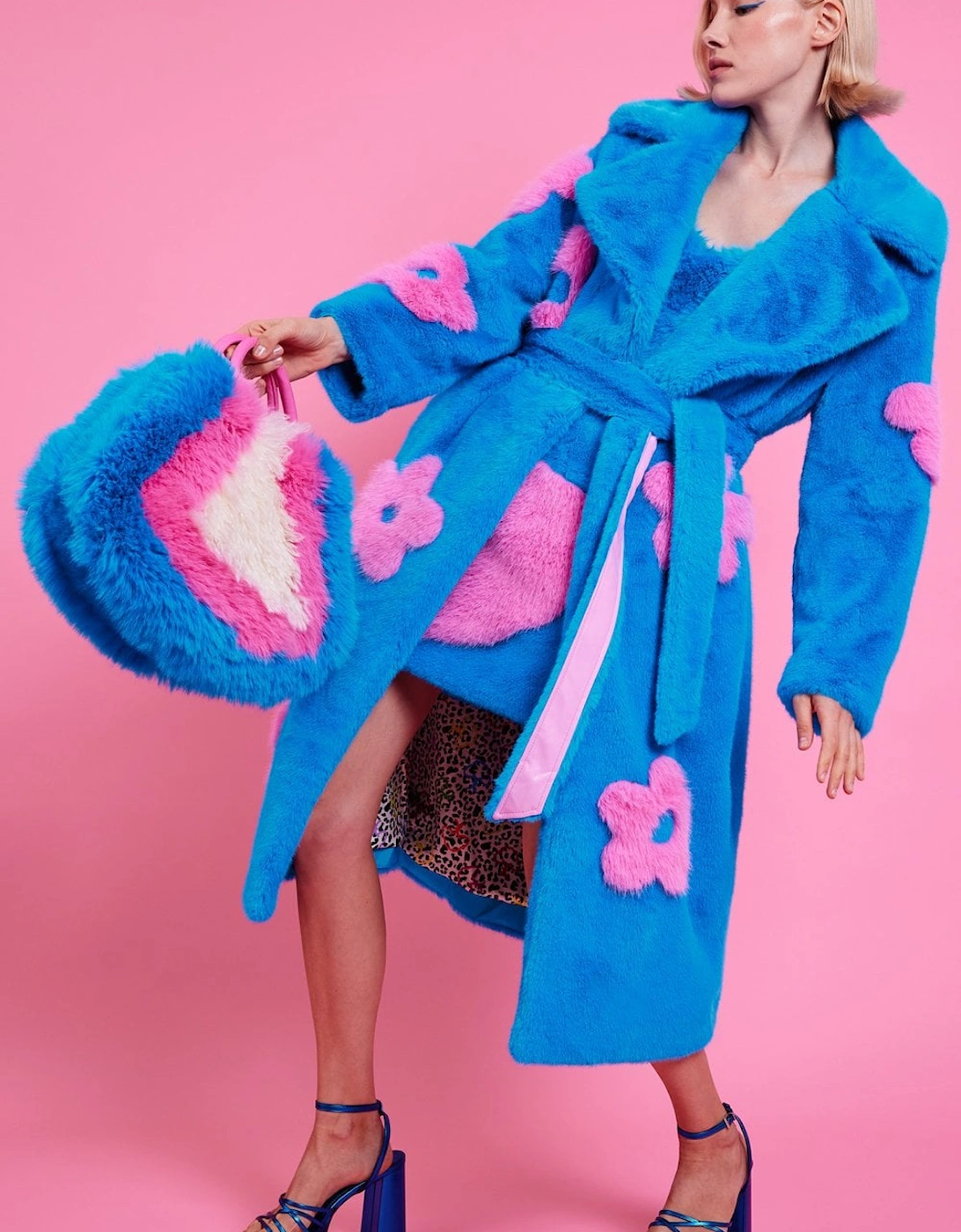 Eco Bamboo Blue Faux Fur Coat with Pink Flower Detailing