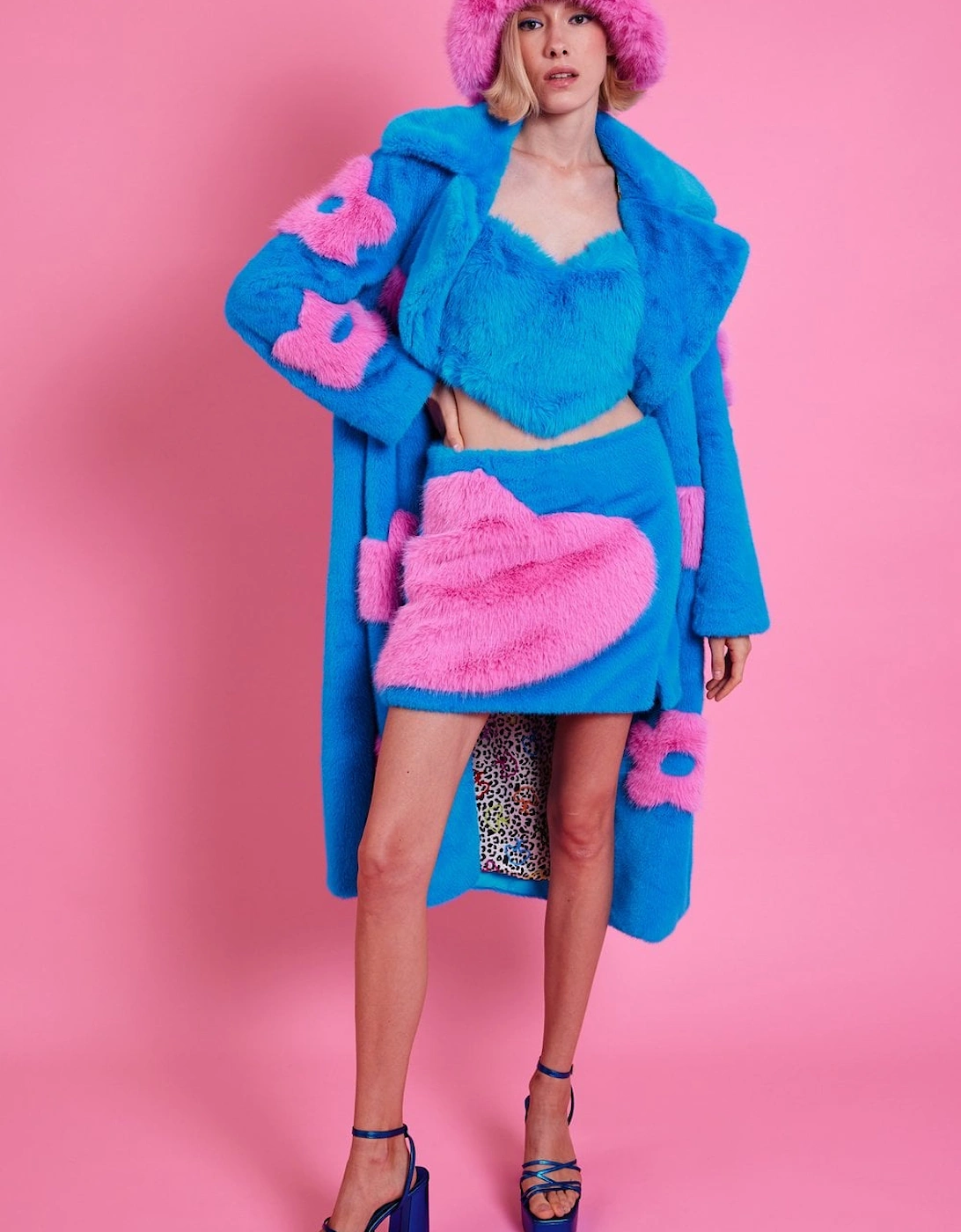 Eco Bamboo Blue Faux Fur Coat with Pink Flower Detailing