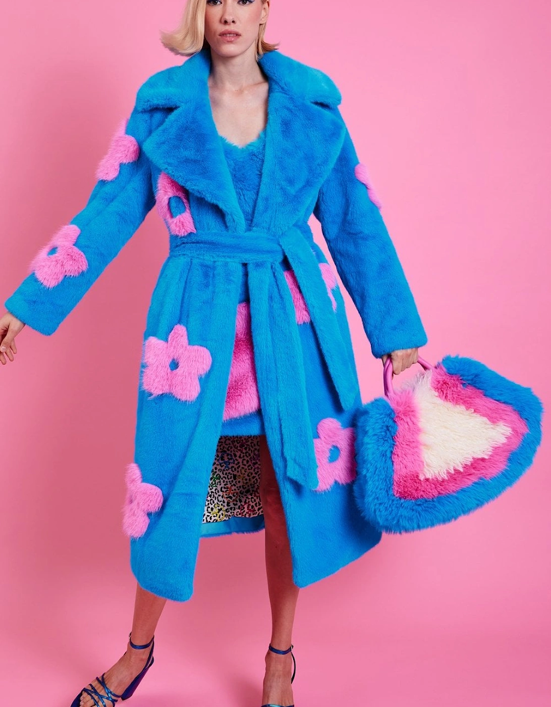 Eco Bamboo Blue Faux Fur Coat with Pink Flower Detailing