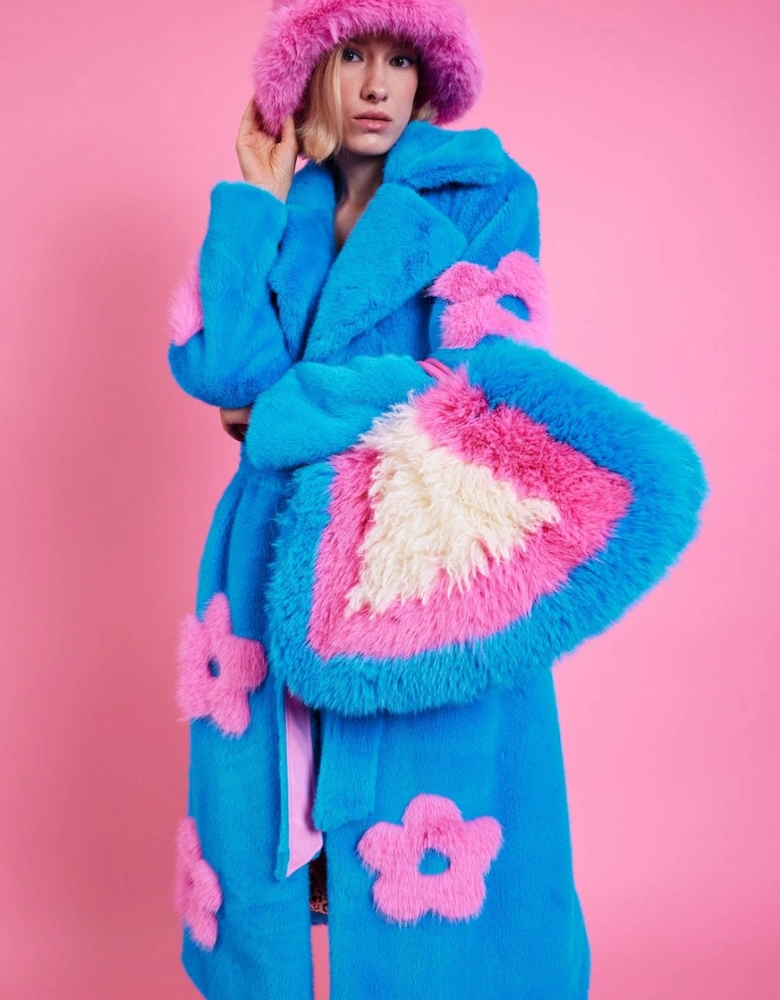 Eco Bamboo Blue Faux Fur Coat with Pink Flower Detailing