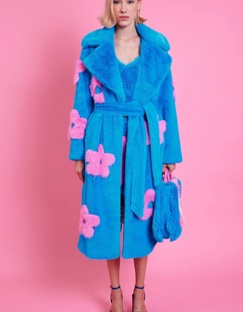 Eco Bamboo Blue Faux Fur Coat with Pink Flower Detailing