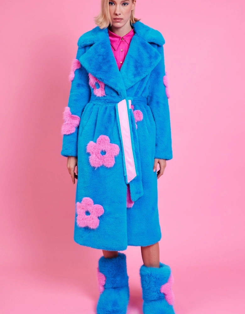 Eco Bamboo Blue Faux Fur Coat with Pink Flower Detailing