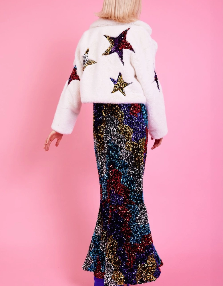 White Bamboo Faux Fur Sequins Star Jacket