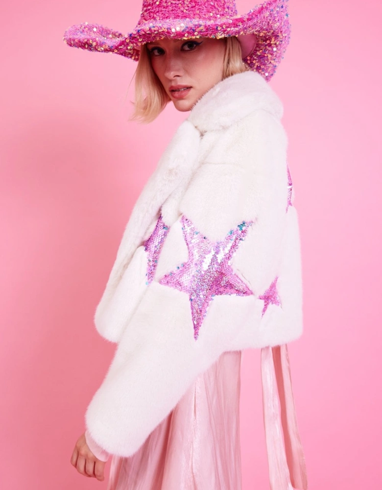 White Bamboo Faux Fur Sequins Star Jacket